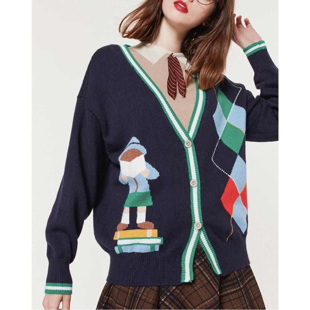 Miss Patina Russell Campus Academia Argyle Preppy Classic Cardigan Sweater - Picture 3 of 17
